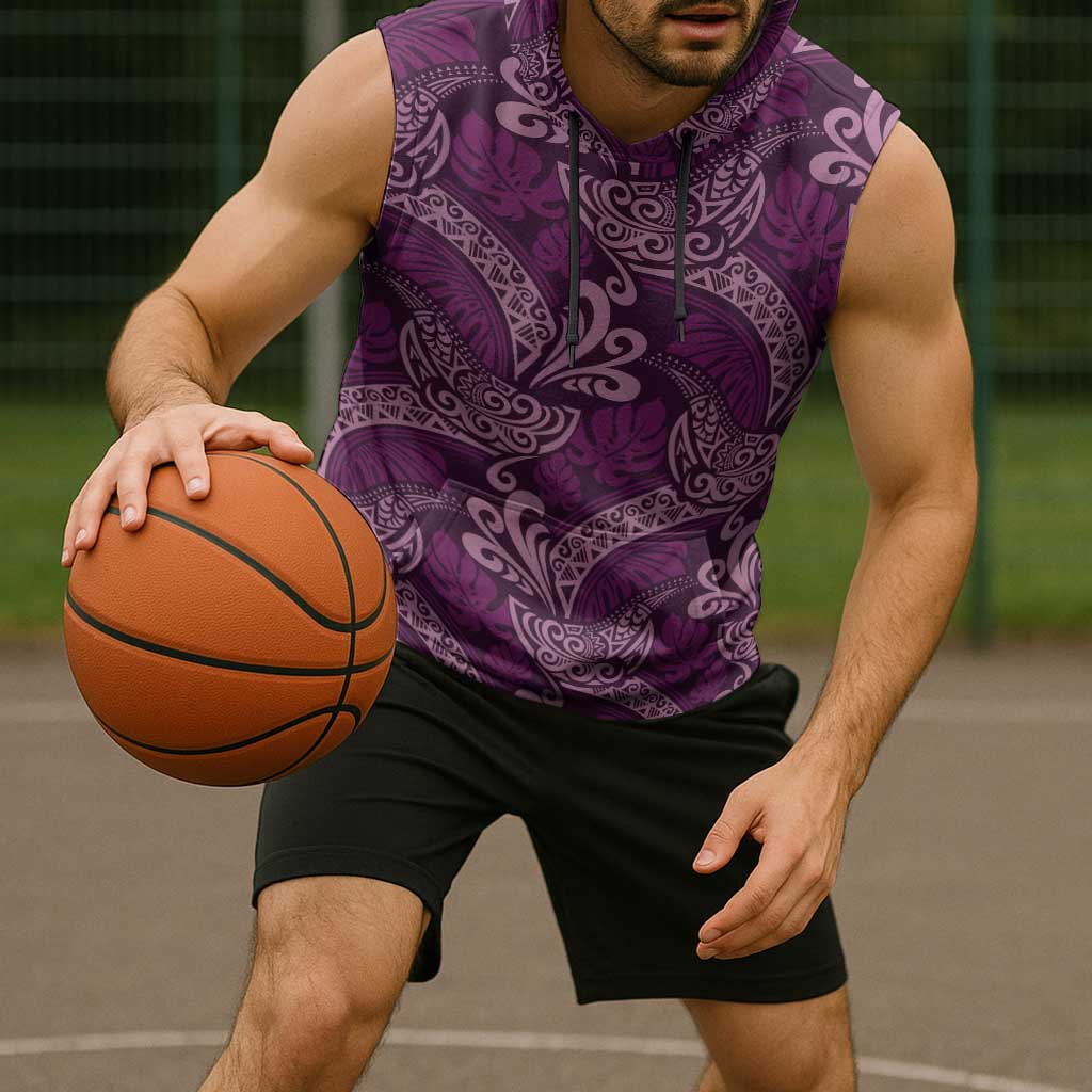 Royal Purple Monstera Sleeveless Hoodie Polynesian Tribal Pattern - Polynesian Pride