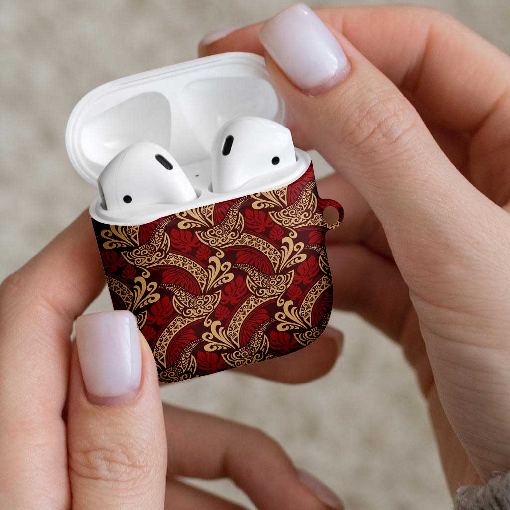Luxury Red Monstera AirPods Case Polynesian Tribal Pattern - Polynesian Pride