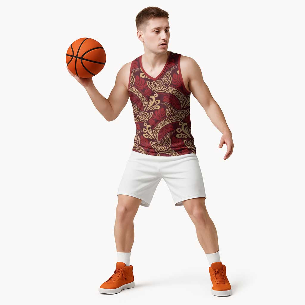 Luxury Red Monstera Basketball Jersey Polynesian Tribal Pattern - Polynesian Pride
