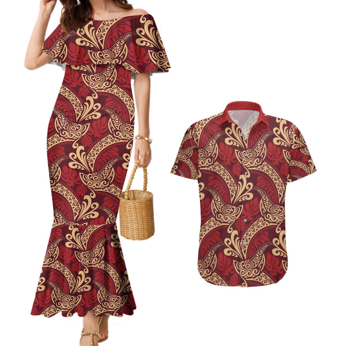Luxury Red Monstera Couples Matching Mermaid Dress and Hawaiian Shirt Polynesian Tribal Pattern LT01 Red - Polynesian Pride