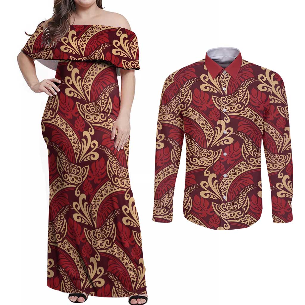 Luxury Red Monstera Couples Matching Off Shoulder Maxi Dress and Long Sleeve Button Shirt Polynesian Tribal Pattern LT01 Red - Polynesian Pride