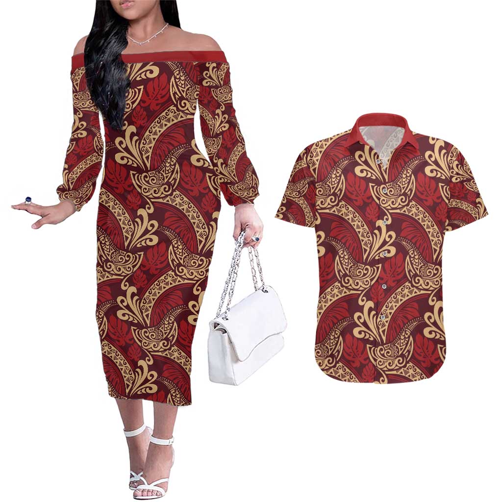 Luxury Red Monstera Couples Matching Off The Shoulder Long Sleeve Dress and Hawaiian Shirt Polynesian Tribal Pattern LT01 Red - Polynesian Pride
