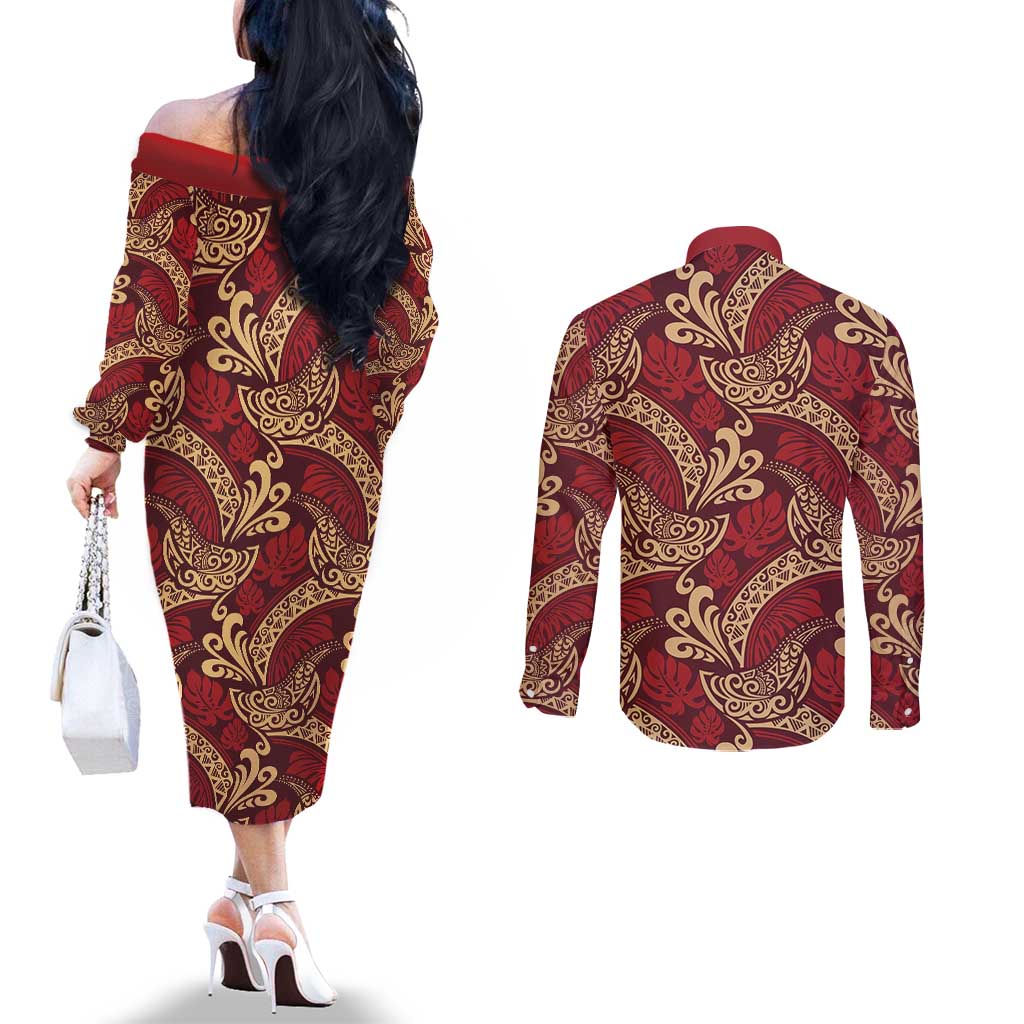 Luxury Red Monstera Couples Matching Off The Shoulder Long Sleeve Dress and Long Sleeve Button Shirt Polynesian Tribal Pattern - Polynesian Pride