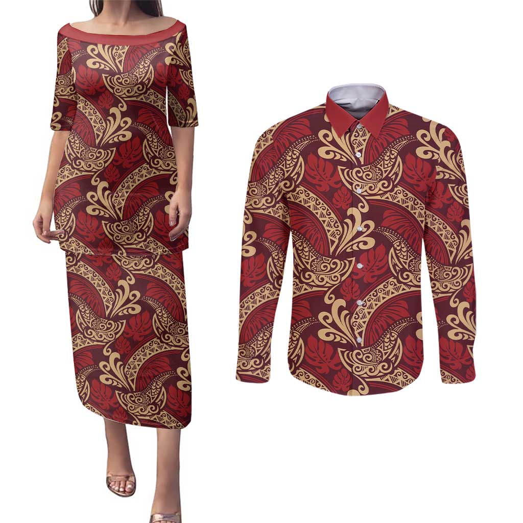 Luxury Red Monstera Couples Matching Puletasi and Long Sleeve Button Shirt Polynesian Tribal Pattern LT01 Red - Polynesian Pride