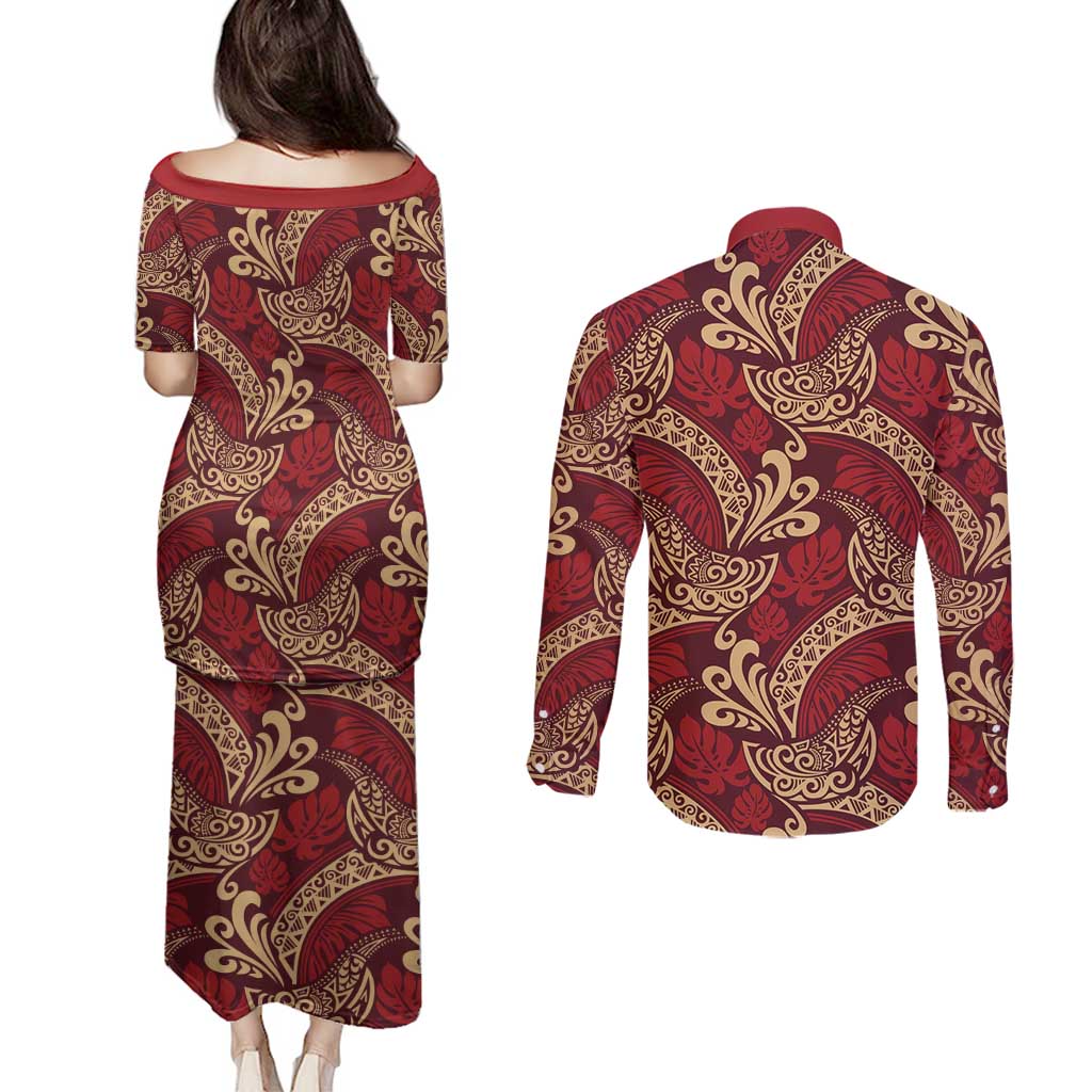 Luxury Red Monstera Couples Matching Puletasi and Long Sleeve Button Shirt Polynesian Tribal Pattern LT01 - Polynesian Pride