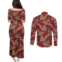 Luxury Red Monstera Couples Matching Puletasi and Long Sleeve Button Shirt Polynesian Tribal Pattern LT01 - Polynesian Pride