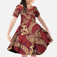 Luxury Red Monstera Family Matching Long Sleeve Bodycon Dress and Hawaiian Shirt Polynesian Tribal Pattern LT01 Daughter's Dress Red - Polynesian Pride