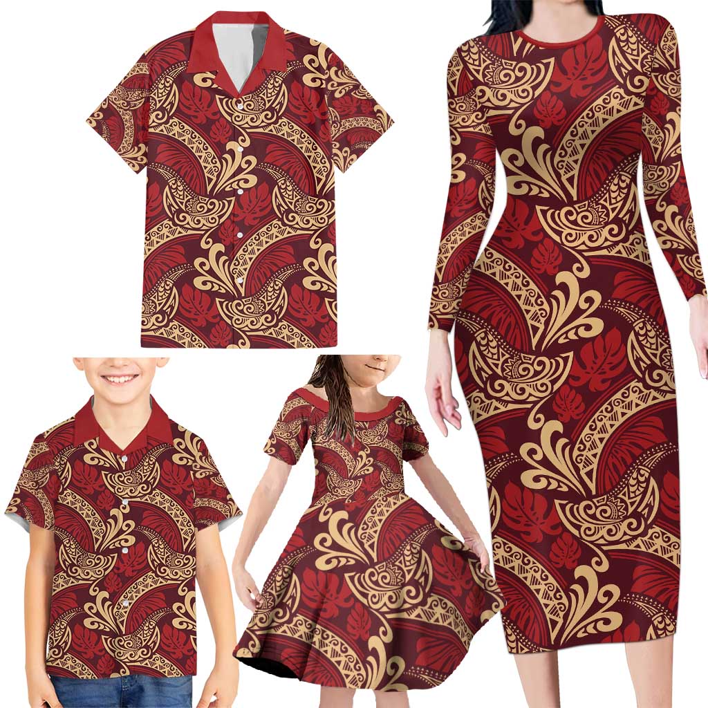 Luxury Red Monstera Family Matching Long Sleeve Bodycon Dress and Hawaiian Shirt Polynesian Tribal Pattern LT01 - Polynesian Pride