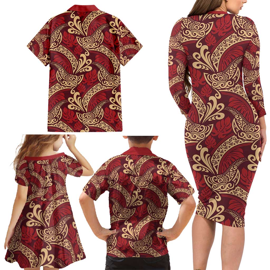 Luxury Red Monstera Family Matching Long Sleeve Bodycon Dress and Hawaiian Shirt Polynesian Tribal Pattern LT01 - Polynesian Pride