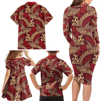 Luxury Red Monstera Family Matching Long Sleeve Bodycon Dress and Hawaiian Shirt Polynesian Tribal Pattern LT01 - Polynesian Pride