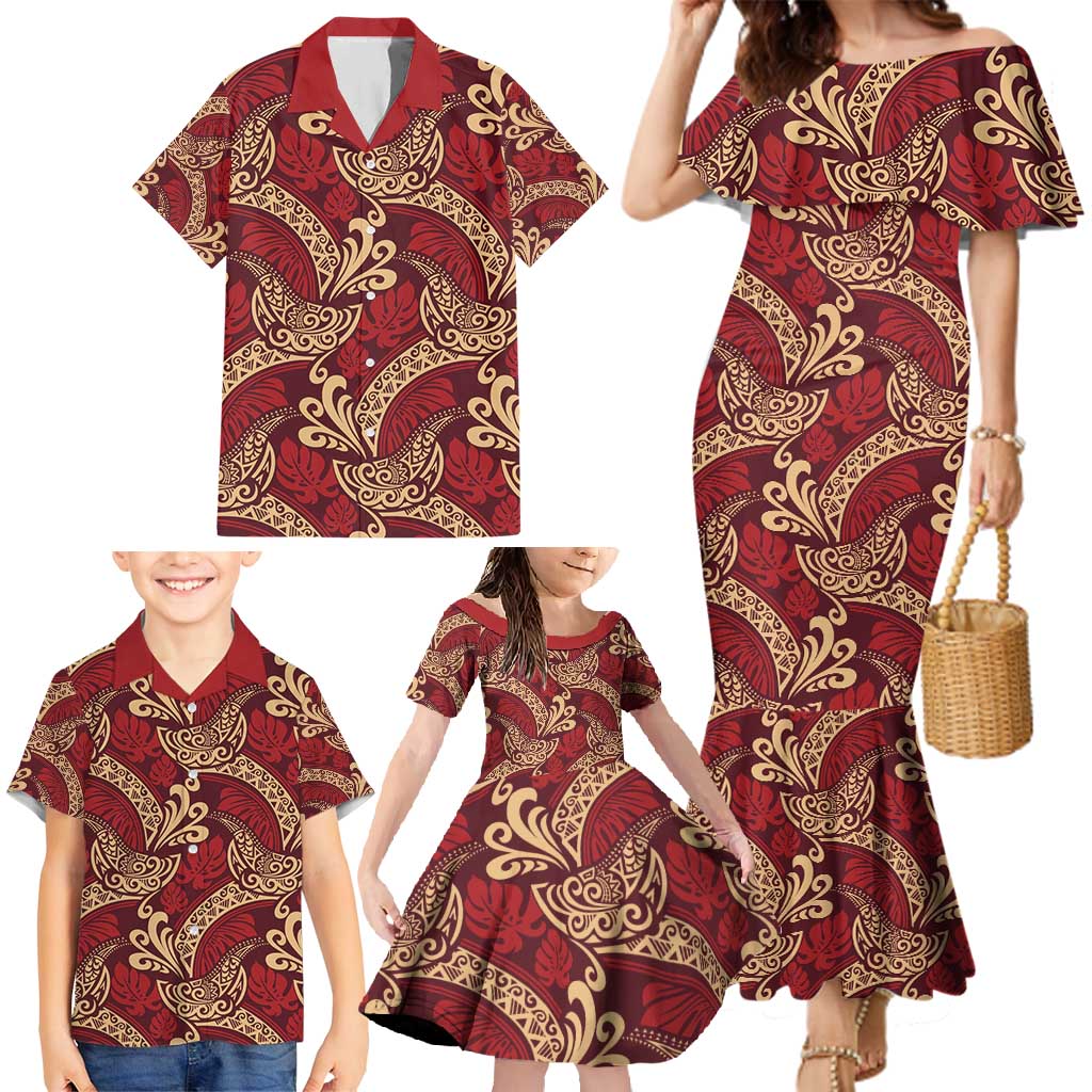 Luxury Red Monstera Family Matching Mermaid Dress and Hawaiian Shirt Polynesian Tribal Pattern LT01 - Polynesian Pride
