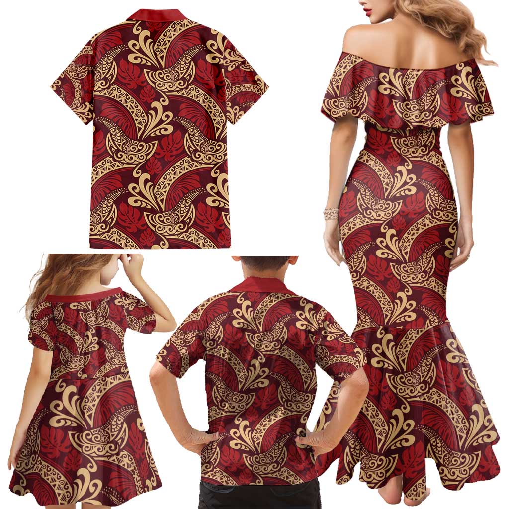 Luxury Red Monstera Family Matching Mermaid Dress and Hawaiian Shirt Polynesian Tribal Pattern LT01 - Polynesian Pride