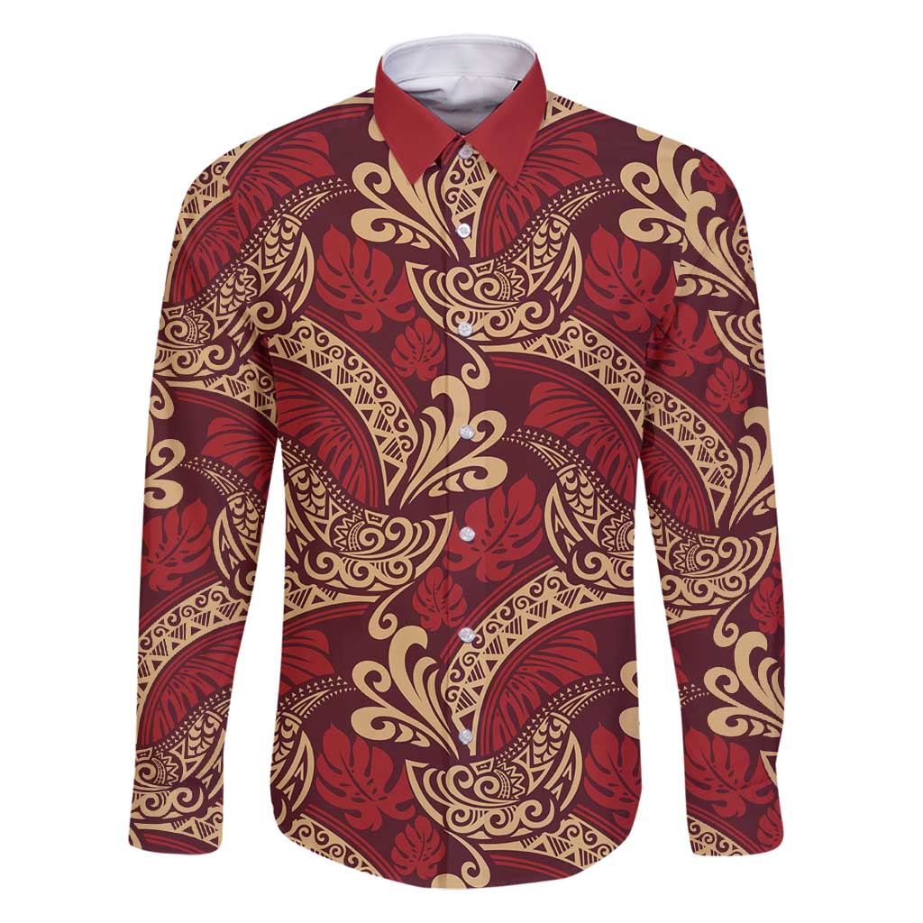 Luxury Red Monstera Family Matching Mermaid Dress and Hawaiian Shirt Polynesian Tribal Pattern LT01 Dad's Shirt - Long Sleeve Red - Polynesian Pride
