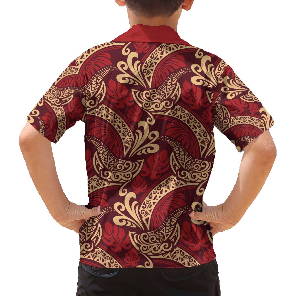 Luxury Red Monstera Family Matching Off The Shoulder Long Sleeve Dress and Hawaiian Shirt Polynesian Tribal Pattern LT01 - Polynesian Pride
