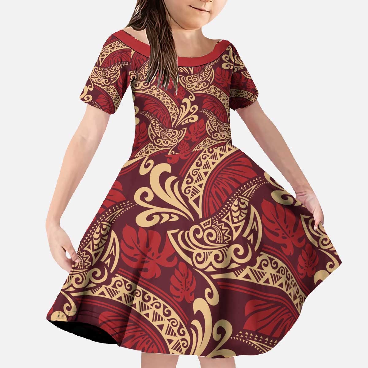 Luxury Red Monstera Family Matching Off The Shoulder Long Sleeve Dress and Hawaiian Shirt Polynesian Tribal Pattern LT01 Daughter's Dress Red - Polynesian Pride