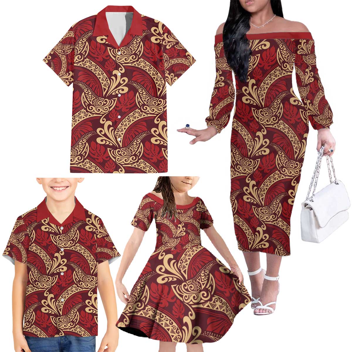 Luxury Red Monstera Family Matching Off The Shoulder Long Sleeve Dress and Hawaiian Shirt Polynesian Tribal Pattern LT01 - Polynesian Pride