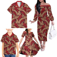 Luxury Red Monstera Family Matching Off The Shoulder Long Sleeve Dress and Hawaiian Shirt Polynesian Tribal Pattern LT01 - Polynesian Pride