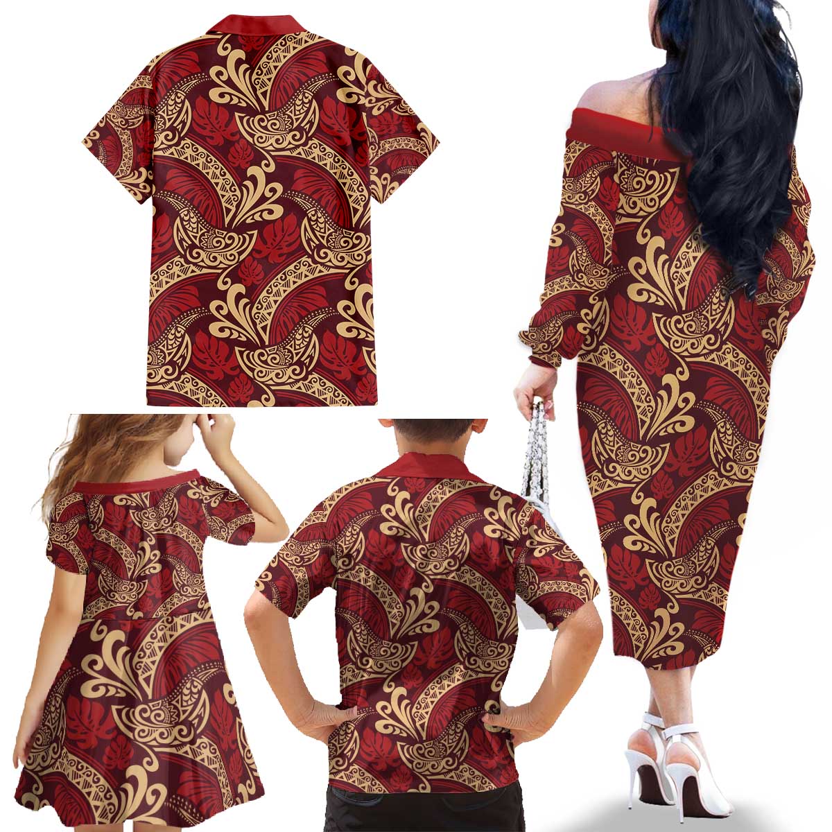 Luxury Red Monstera Family Matching Off The Shoulder Long Sleeve Dress and Hawaiian Shirt Polynesian Tribal Pattern LT01 - Polynesian Pride