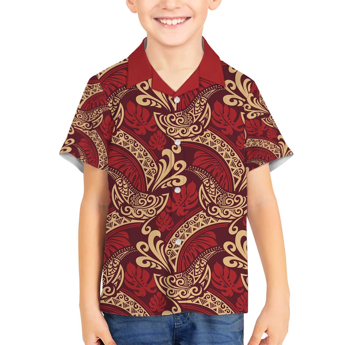 Luxury Red Monstera Family Matching Off The Shoulder Long Sleeve Dress and Hawaiian Shirt Polynesian Tribal Pattern LT01 Son's Shirt Red - Polynesian Pride