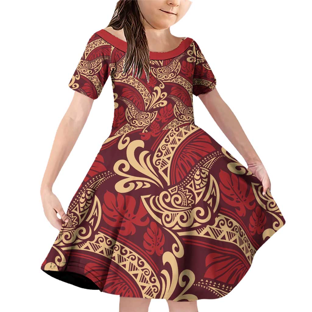 Luxury Red Monstera Family Matching Off Shoulder Short Dress and Hawaiian Shirt Polynesian Tribal Pattern LT01 Daughter's Dress Red - Polynesian Pride