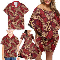 Luxury Red Monstera Family Matching Off Shoulder Short Dress and Hawaiian Shirt Polynesian Tribal Pattern LT01 - Polynesian Pride