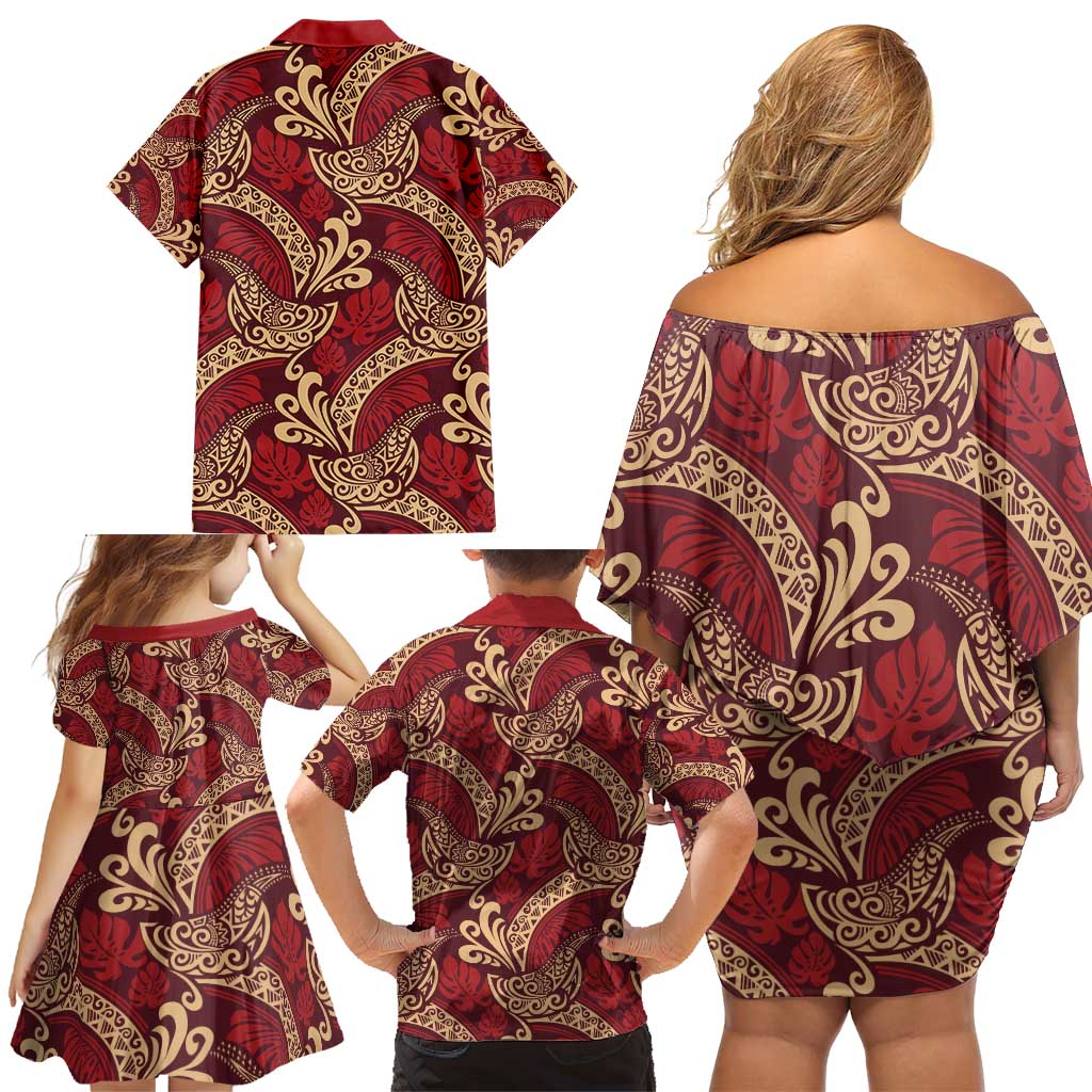 Luxury Red Monstera Family Matching Off Shoulder Short Dress and Hawaiian Shirt Polynesian Tribal Pattern LT01 - Polynesian Pride