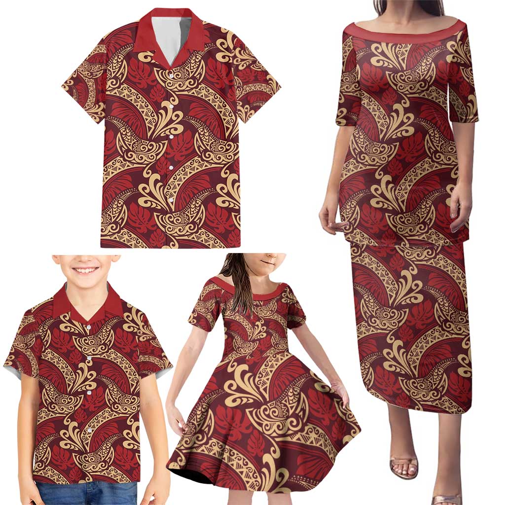 Luxury Red Monstera Family Matching Puletasi and Hawaiian Shirt Polynesian Tribal Pattern LT01 - Polynesian Pride