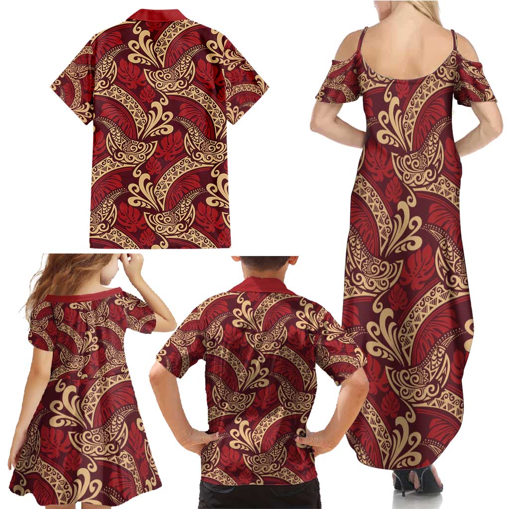 Luxury Red Monstera Family Matching Summer Maxi Dress and Hawaiian Shirt Polynesian Tribal Pattern LT01 - Polynesian Pride