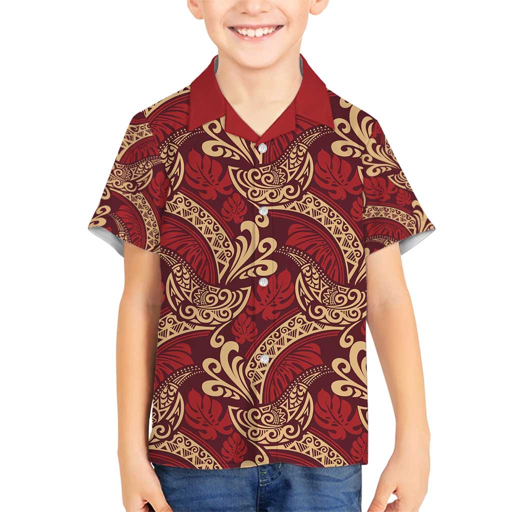 Luxury Red Monstera Family Matching Summer Maxi Dress and Hawaiian Shirt Polynesian Tribal Pattern LT01 Son's Shirt Red - Polynesian Pride