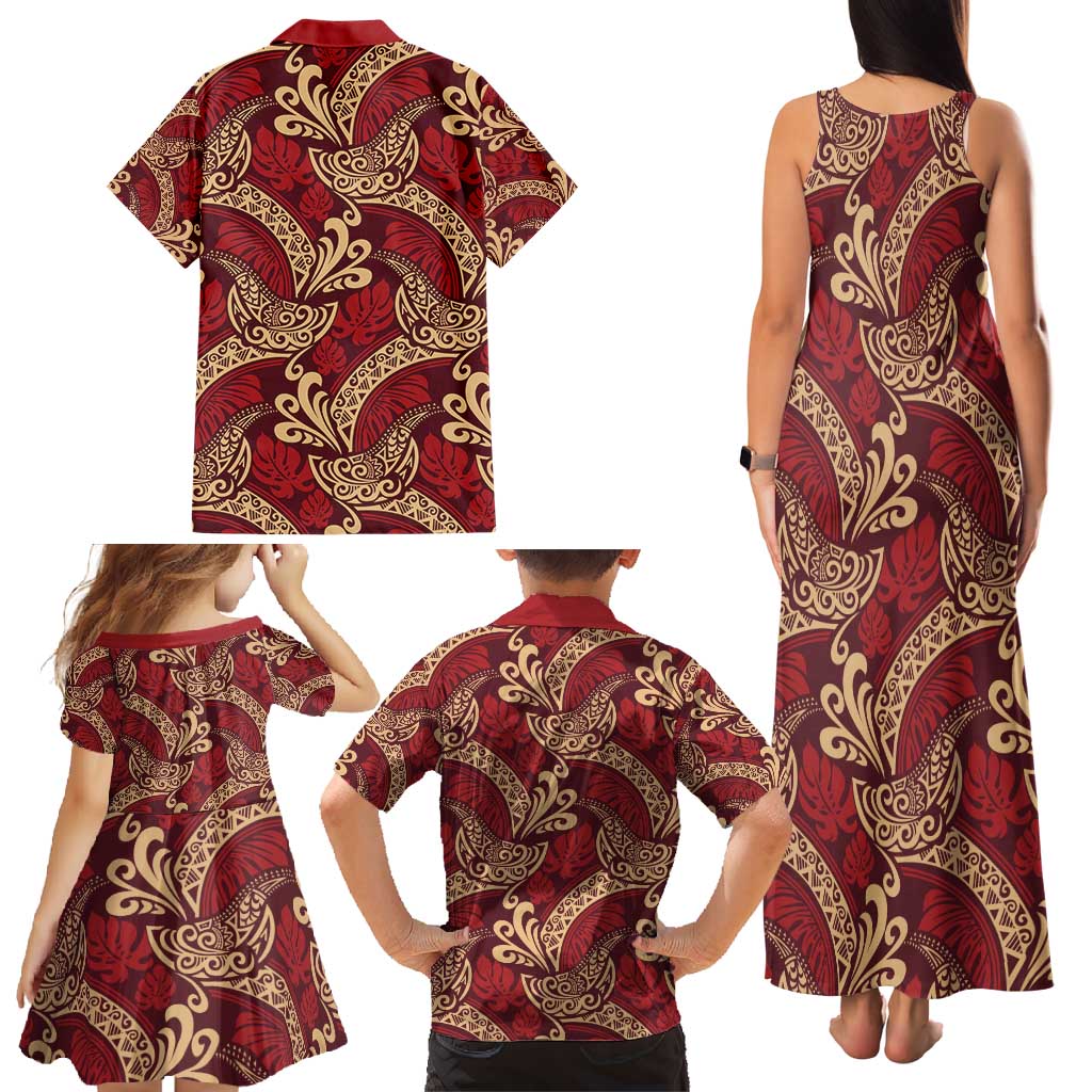 Luxury Red Monstera Family Matching Tank Maxi Dress and Hawaiian Shirt Polynesian Tribal Pattern LT01 - Polynesian Pride