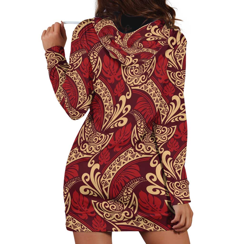 Luxury Red Monstera Hoodie Dress Polynesian Tribal Pattern LT01 - Polynesian Pride
