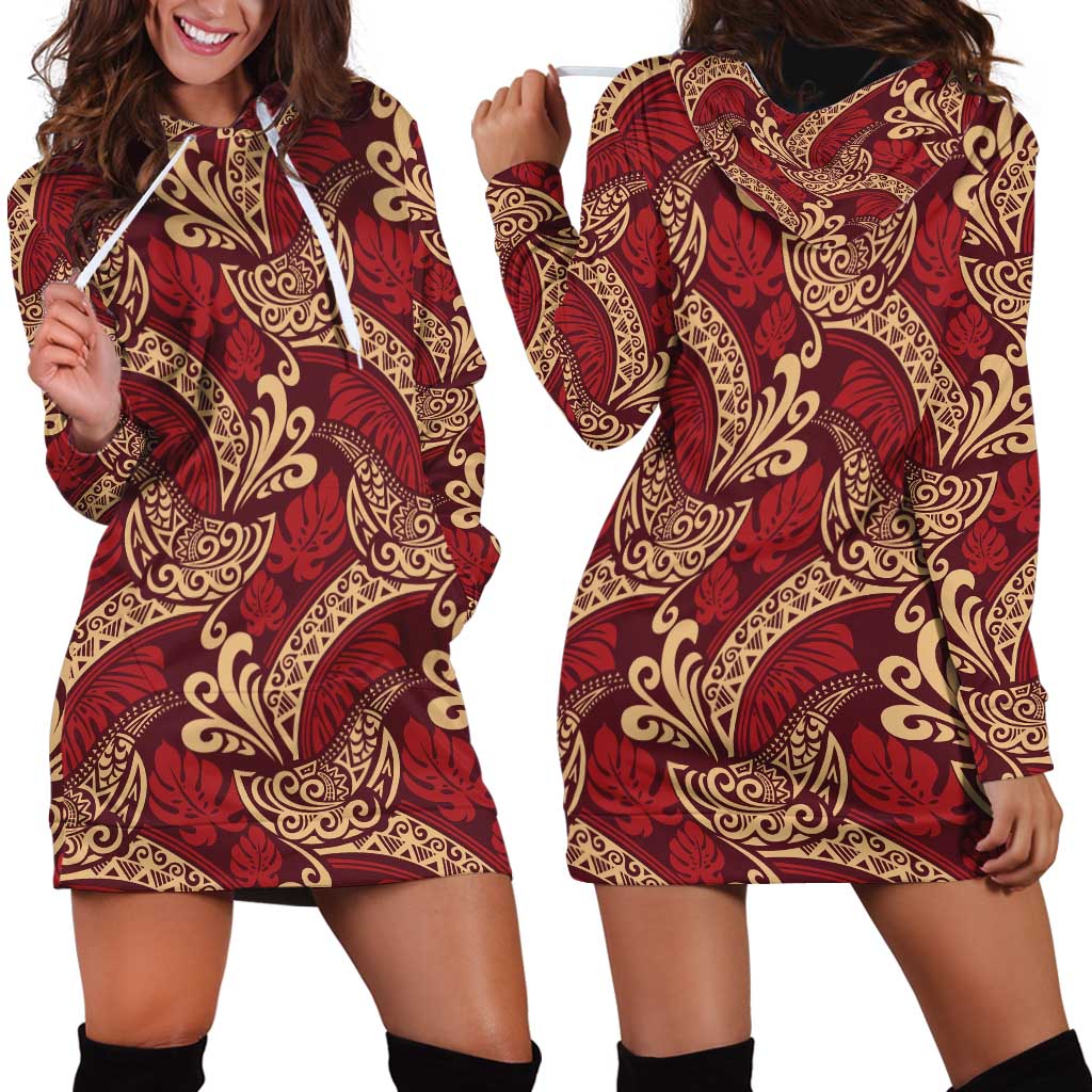 Luxury Red Monstera Hoodie Dress Polynesian Tribal Pattern LT01 - Polynesian Pride