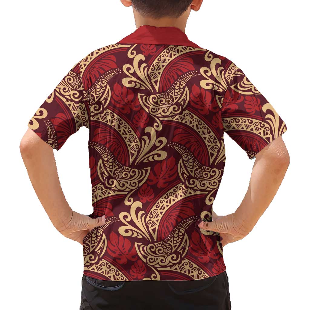Luxury Red Monstera Kid Hawaiian Shirt Polynesian Tribal Pattern LT01 - Polynesian Pride
