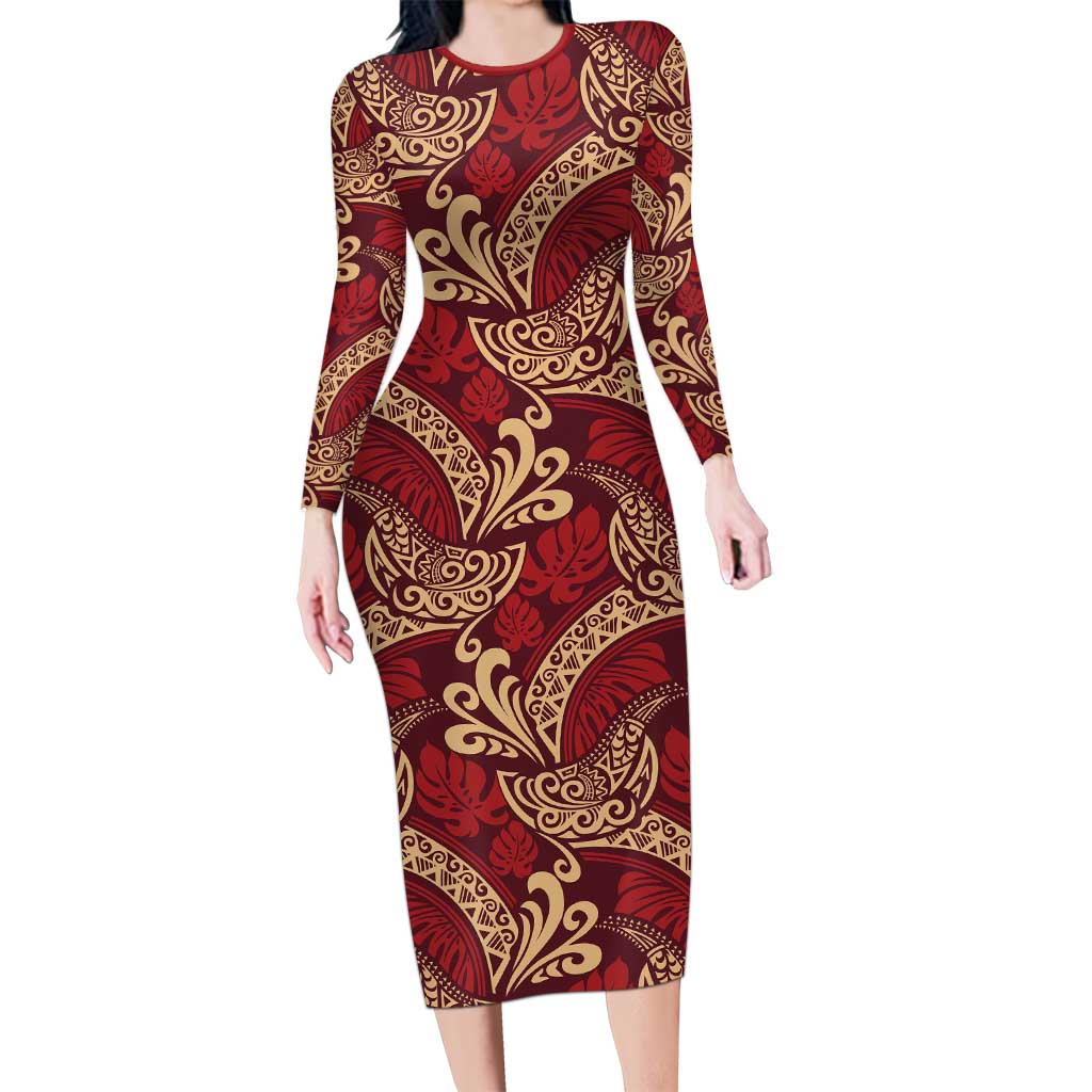 Luxury Red Monstera Long Sleeve Bodycon Dress Polynesian Tribal Pattern LT01 Long Dress Red - Polynesian Pride