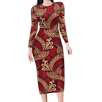 Luxury Red Monstera Long Sleeve Bodycon Dress Polynesian Tribal Pattern LT01 Long Dress Red - Polynesian Pride