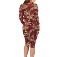 Luxury Red Monstera Long Sleeve Bodycon Dress Polynesian Tribal Pattern LT01 - Polynesian Pride