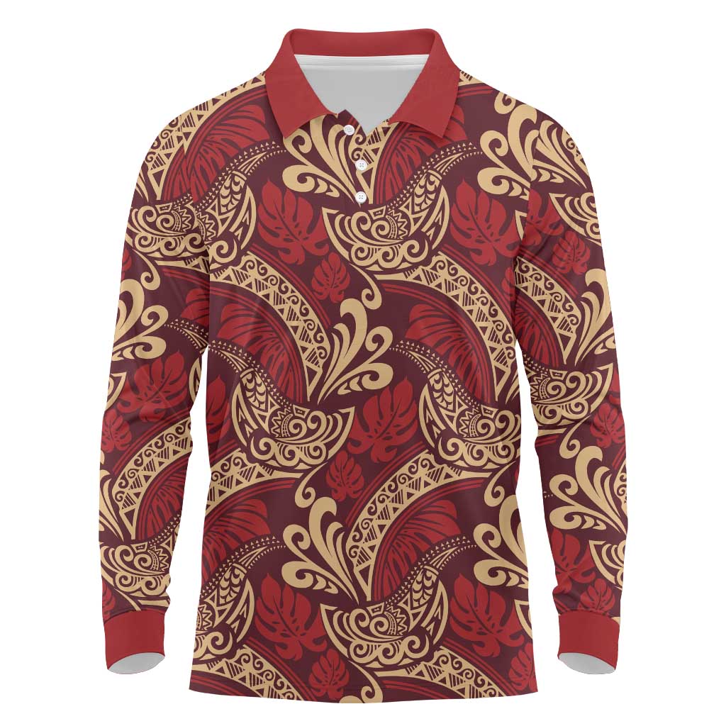Luxury Red Monstera Long Sleeve Polo Shirt Polynesian Tribal Pattern LT01 Red - Polynesian Pride