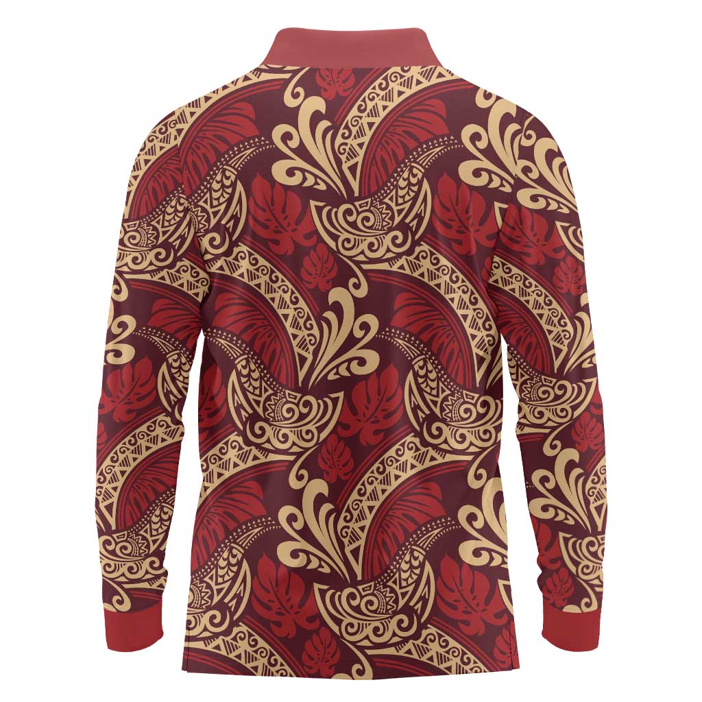 Luxury Red Monstera Long Sleeve Polo Shirt Polynesian Tribal Pattern LT01 - Polynesian Pride