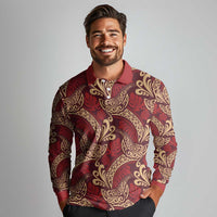 Luxury Red Monstera Long Sleeve Polo Shirt Polynesian Tribal Pattern LT01 - Polynesian Pride