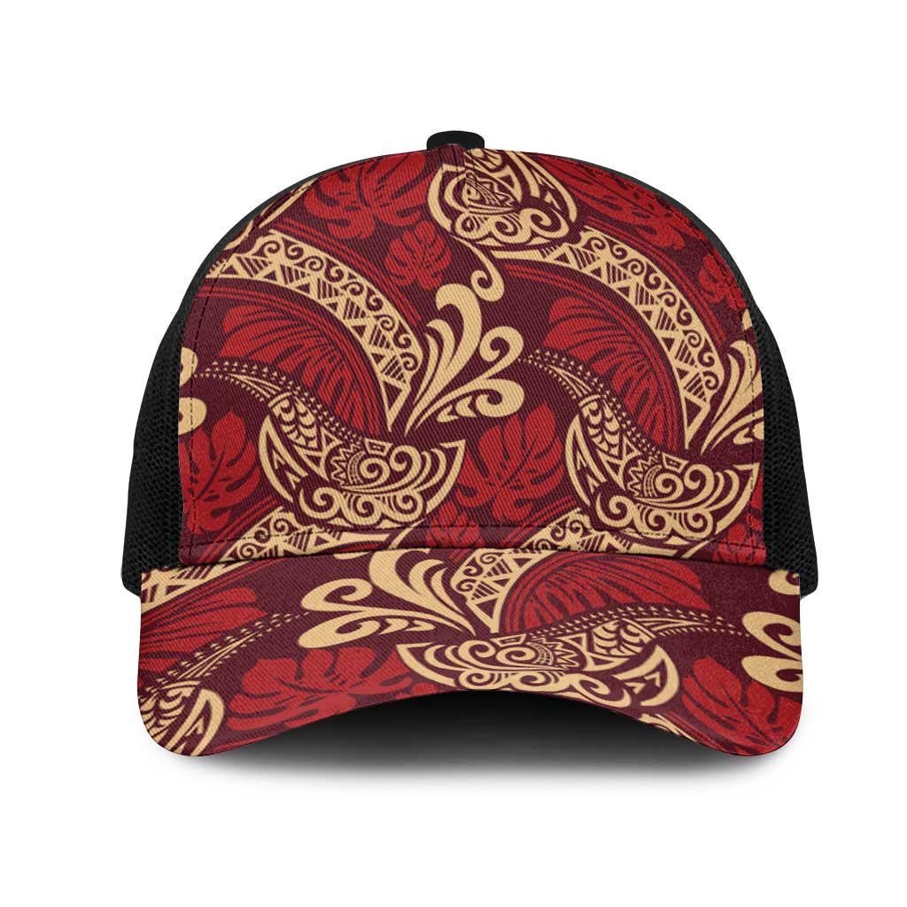 Luxury Red Monstera Mesh Trucker Cap Polynesian Tribal Pattern - Polynesian Pride