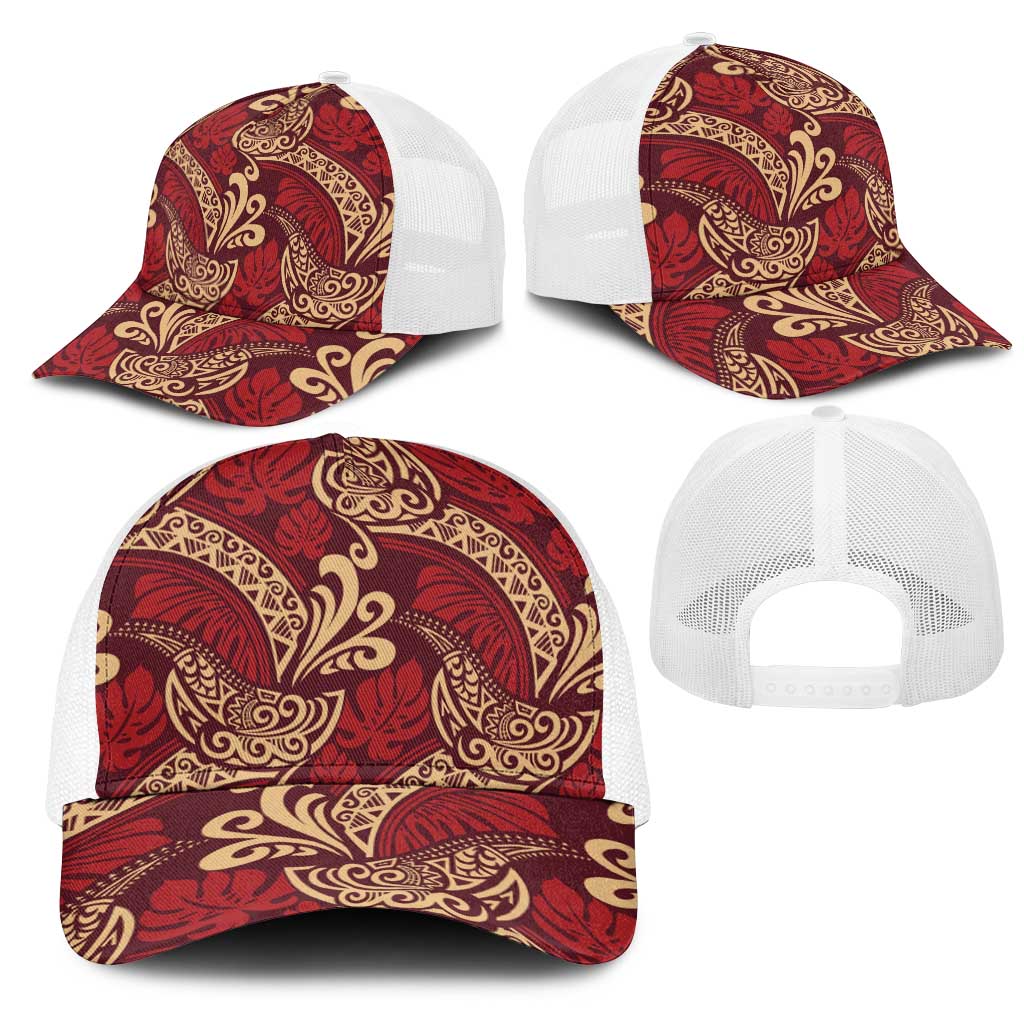 Luxury Red Monstera Mesh Trucker Cap Polynesian Tribal Pattern - Polynesian Pride
