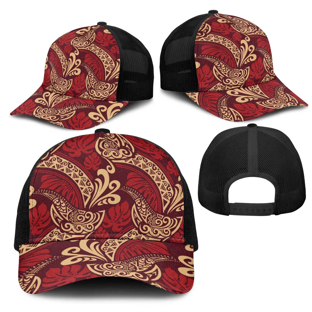 Luxury Red Monstera Mesh Trucker Cap Polynesian Tribal Pattern - Polynesian Pride