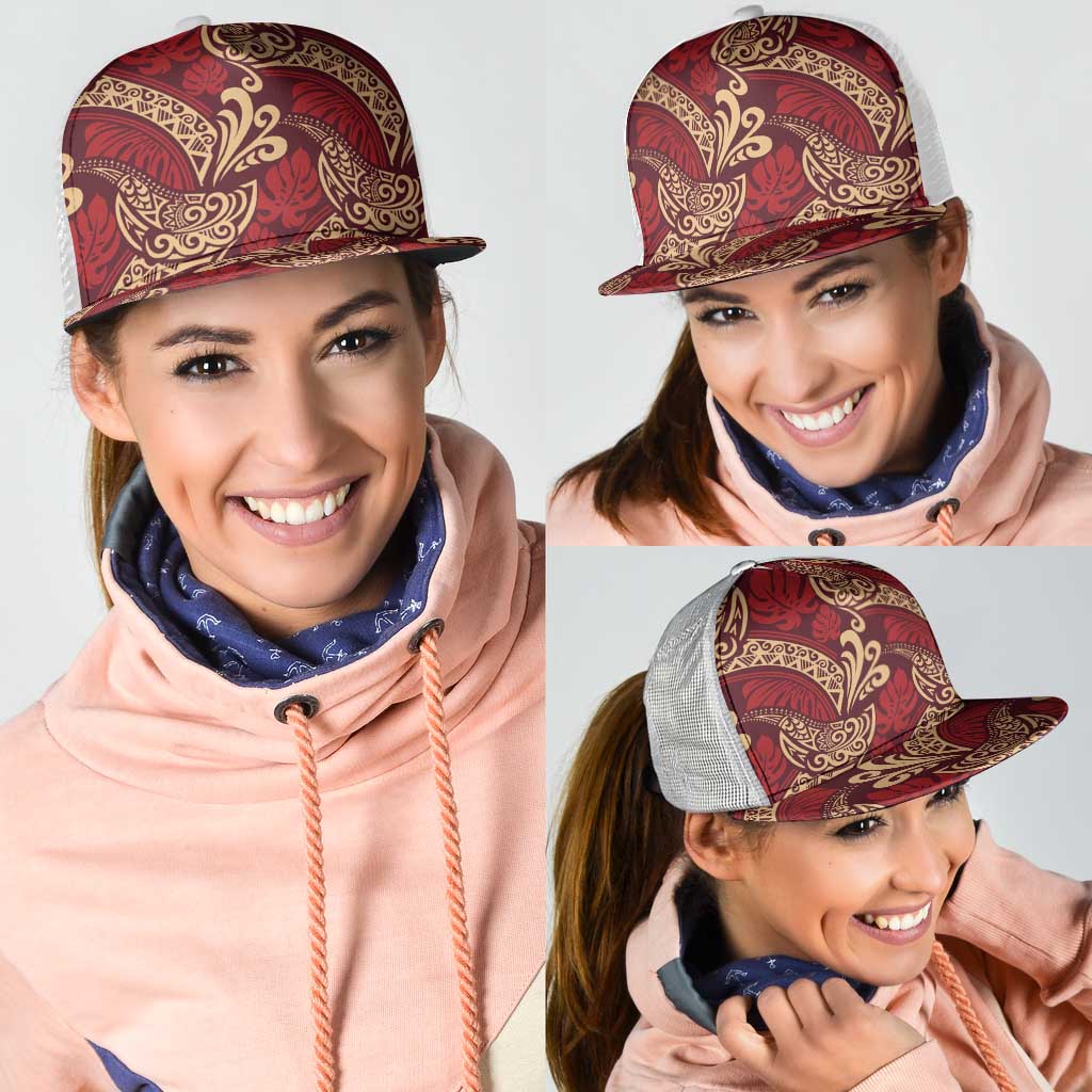 Luxury Red Monstera Mesh Trucker Cap Polynesian Tribal Pattern - Polynesian Pride