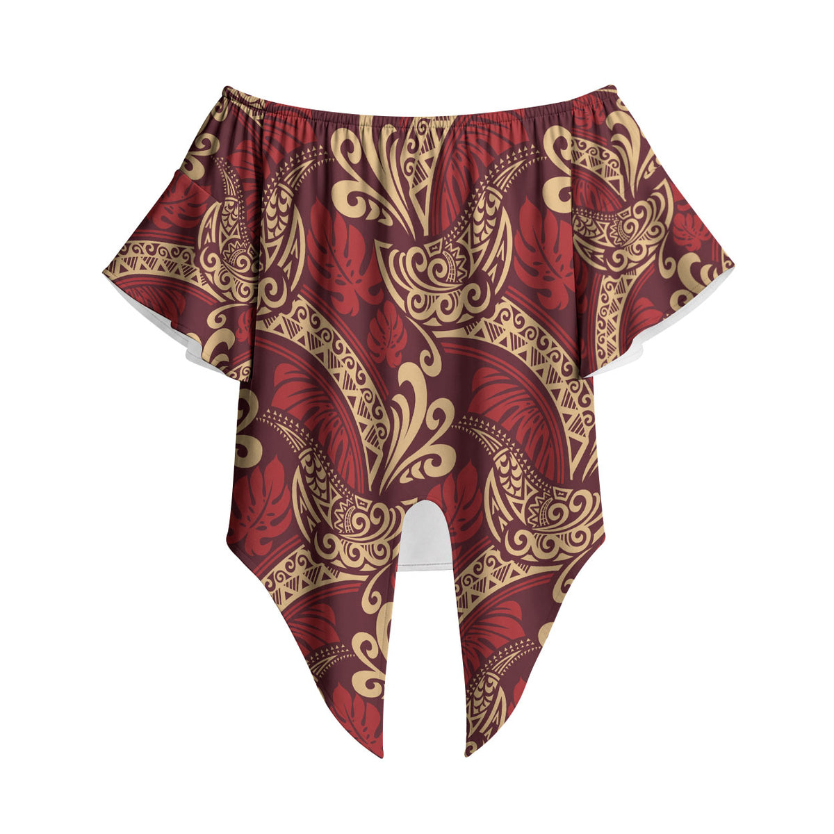 Luxury Red Monstera Off Shoulder Wrap Waist Top Polynesian Tribal Pattern LT01 Red - Polynesian Pride