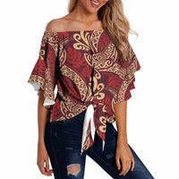 Luxury Red Monstera Off Shoulder Wrap Waist Top Polynesian Tribal Pattern LT01 - Polynesian Pride