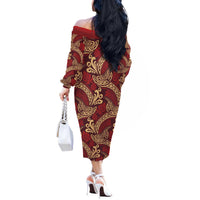 Luxury Red Monstera Off The Shoulder Long Sleeve Dress Polynesian Tribal Pattern LT01 - Polynesian Pride