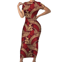 Luxury Red Monstera Short Sleeve Bodycon Dress Polynesian Tribal Pattern LT01 Long Dress Red - Polynesian Pride