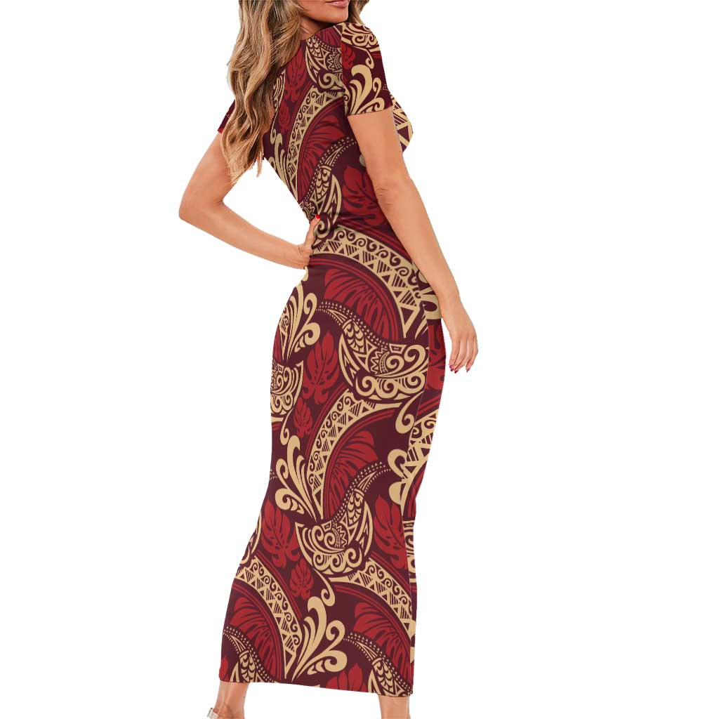 Luxury Red Monstera Short Sleeve Bodycon Dress Polynesian Tribal Pattern LT01 - Polynesian Pride