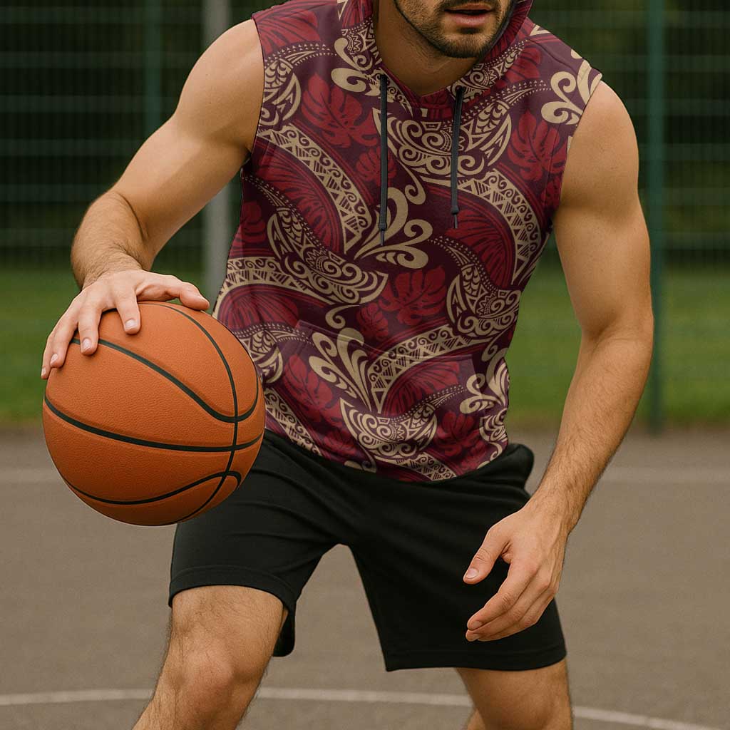 Luxury Red Monstera Sleeveless Hoodie Polynesian Tribal Pattern - Polynesian Pride