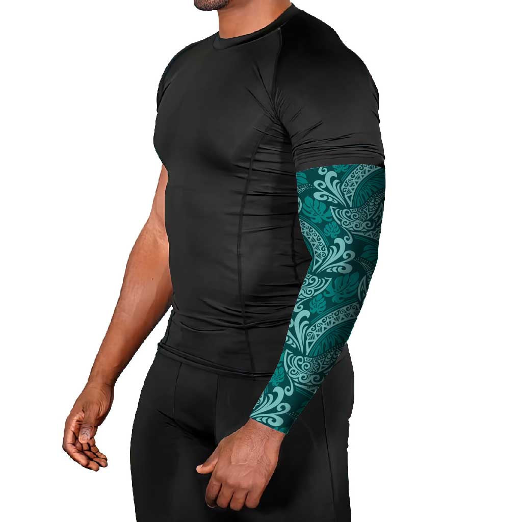 Teal Monstera Arm Sleeves Polynesian Tribal Pattern - Polynesian Pride
